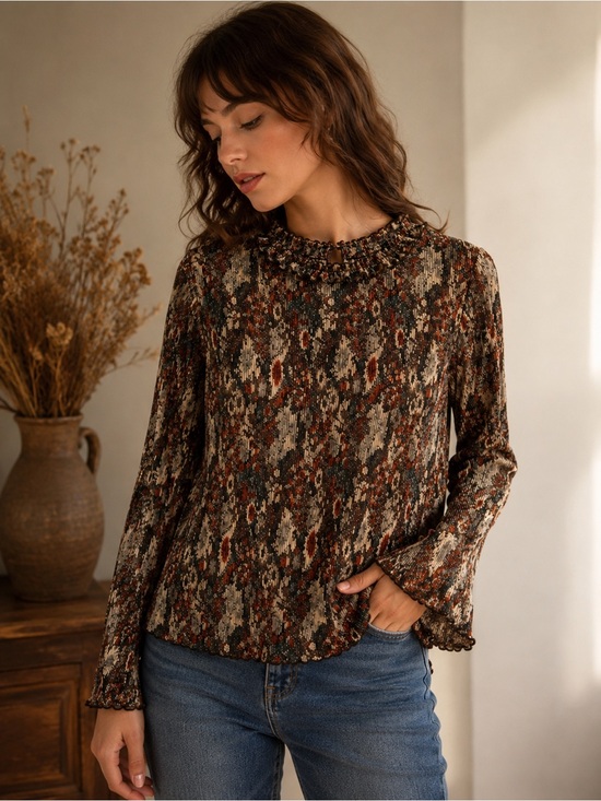 Ilgwu Tops - Prairie Floral Pleated Sheer Blouse Ruffle Neck Boho Cottagecore Vintage ILGWU